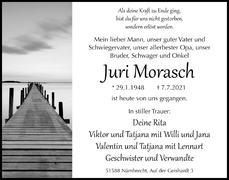  Traueranzeige für Juri Morasch vom 16.07.2021 aus  Lokalanzeiger 