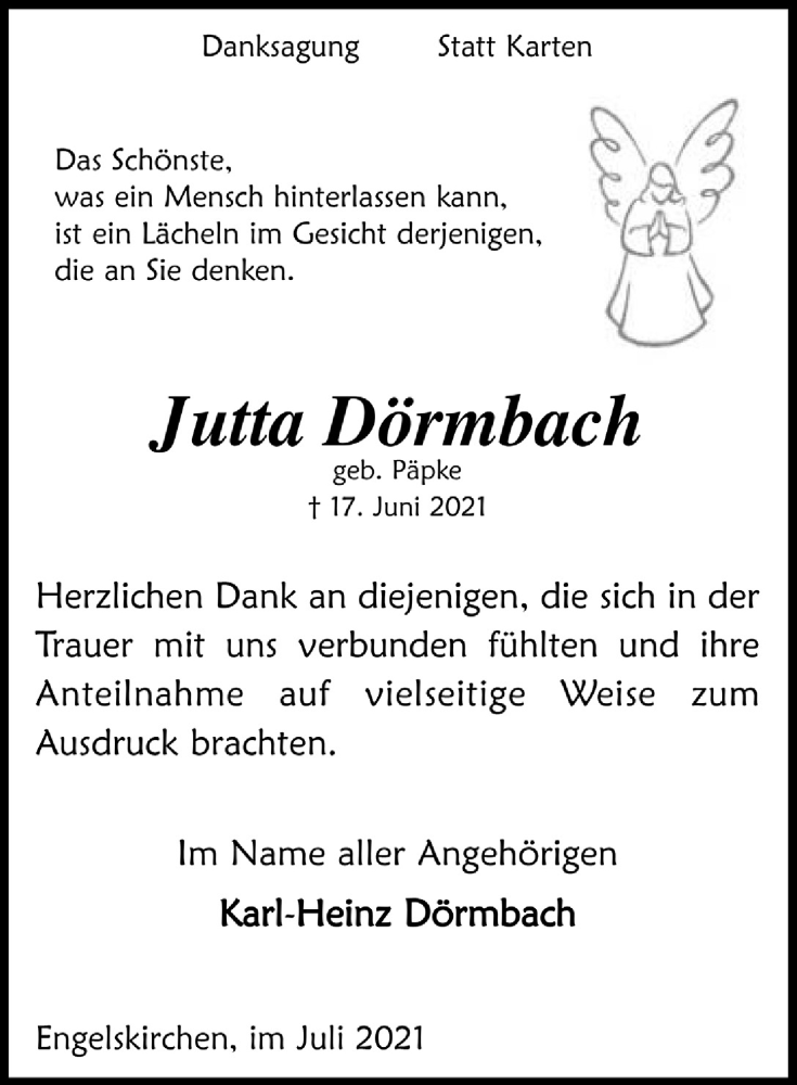  Traueranzeige für Jutta Dörmbach vom 09.07.2021 aus  Anzeigen Echo 