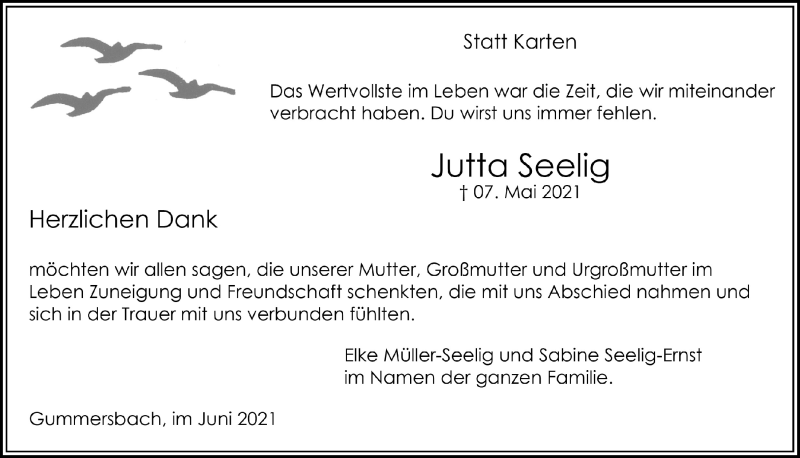 Traueranzeige für Jutta Seelig vom 23.07.2021 aus  Anzeigen Echo 