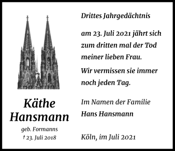 Anzeige von Käthe Hansmann von Kölner Stadt-Anzeiger / Kölnische Rundschau / Express