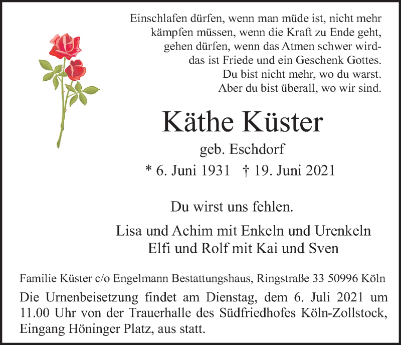  Traueranzeige für Käthe Küster vom 03.07.2021 aus Kölner Stadt-Anzeiger / Kölnische Rundschau / Express