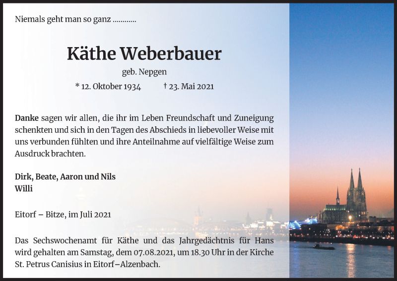  Traueranzeige für Käthe Weberbauer vom 31.07.2021 aus Kölner Stadt-Anzeiger / Kölnische Rundschau / Express