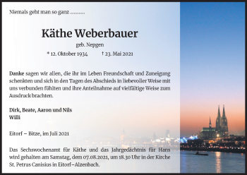 Anzeige von Käthe Weberbauer von Kölner Stadt-Anzeiger / Kölnische Rundschau / Express