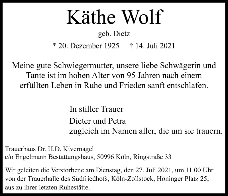  Traueranzeige für Käthe Wolf vom 21.07.2021 aus Kölner Stadt-Anzeiger / Kölnische Rundschau / Express