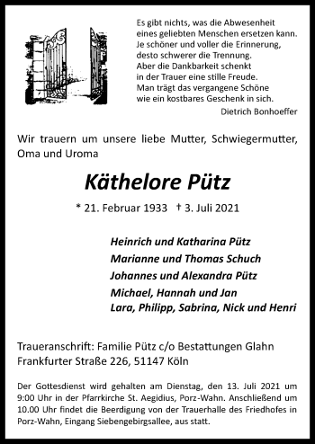 Anzeige von Käthelore Pütz von  Kölner Wochenspiegel 