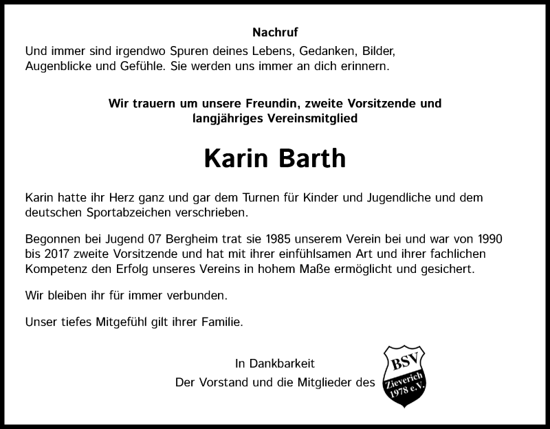  Traueranzeige für Karin Barth vom 07.07.2021 aus Kölner Stadt-Anzeiger / Kölnische Rundschau / Express