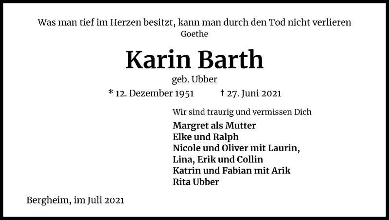 Traueranzeige für Karin Barth vom 06.07.2021 aus Kölner Stadt-Anzeiger / Kölnische Rundschau / Express