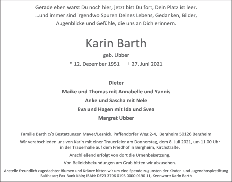  Traueranzeige für Karin Barth vom 02.07.2021 aus  Werbepost 