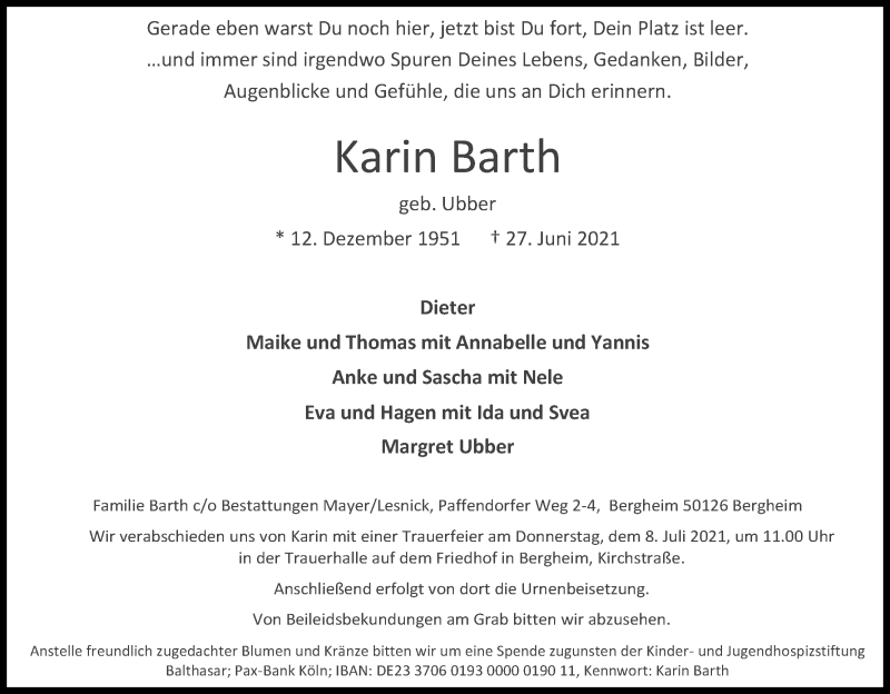  Traueranzeige für Karin Barth vom 03.07.2021 aus Kölner Stadt-Anzeiger / Kölnische Rundschau / Express