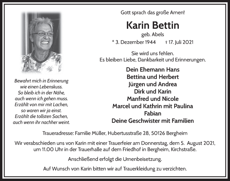  Traueranzeige für Karin Bettin vom 30.07.2021 aus  Werbepost 