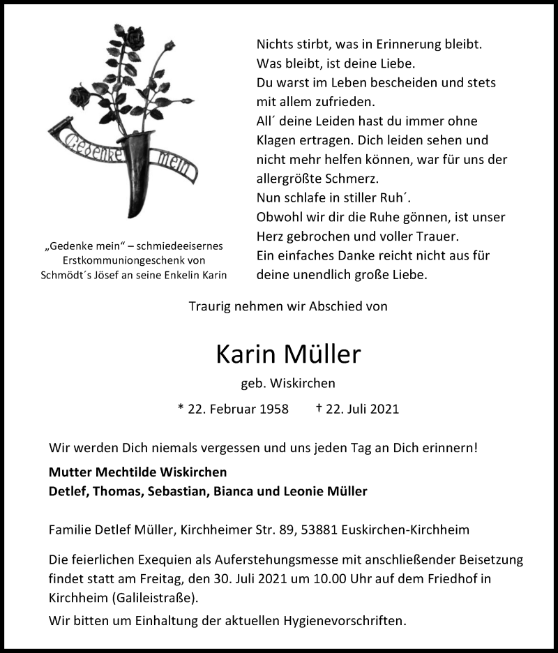  Traueranzeige für Karin Müller vom 28.07.2021 aus Kölner Stadt-Anzeiger / Kölnische Rundschau / Express