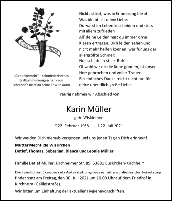 Anzeige von Karin Müller von Kölner Stadt-Anzeiger / Kölnische Rundschau / Express