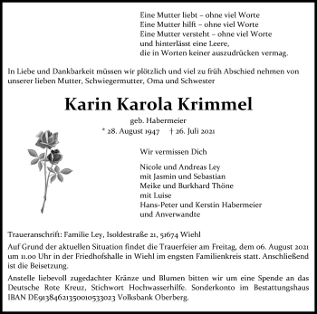 Anzeige von Karin Karola Krimmel von Kölner Stadt-Anzeiger / Kölnische Rundschau / Express