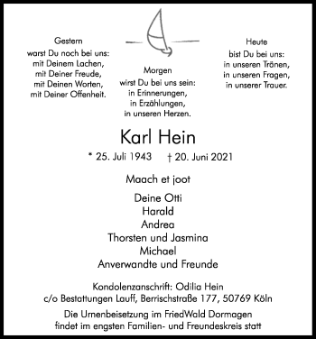 Anzeige von Karl Hein von Kölner Stadt-Anzeiger / Kölnische Rundschau / Express