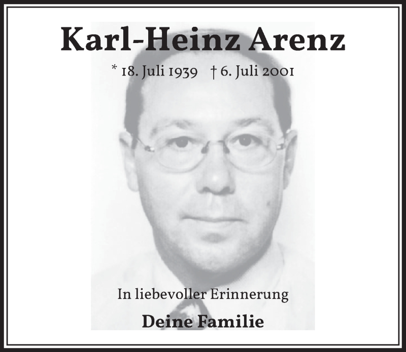  Traueranzeige für Karl-Heinz Arenz vom 02.07.2021 aus  Werbepost 