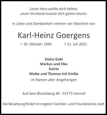 Anzeige von Karl-Heinz Goergens von Kölner Stadt-Anzeiger / Kölnische Rundschau / Express