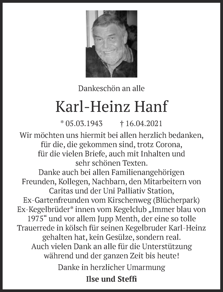  Traueranzeige für Karl-Heinz Hanf vom 23.07.2021 aus  Kölner Wochenspiegel 