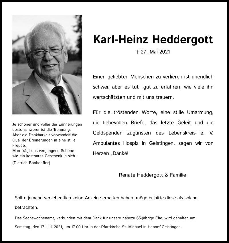  Traueranzeige für Karl-Heinz Heddergott vom 10.07.2021 aus Kölner Stadt-Anzeiger / Kölnische Rundschau / Express