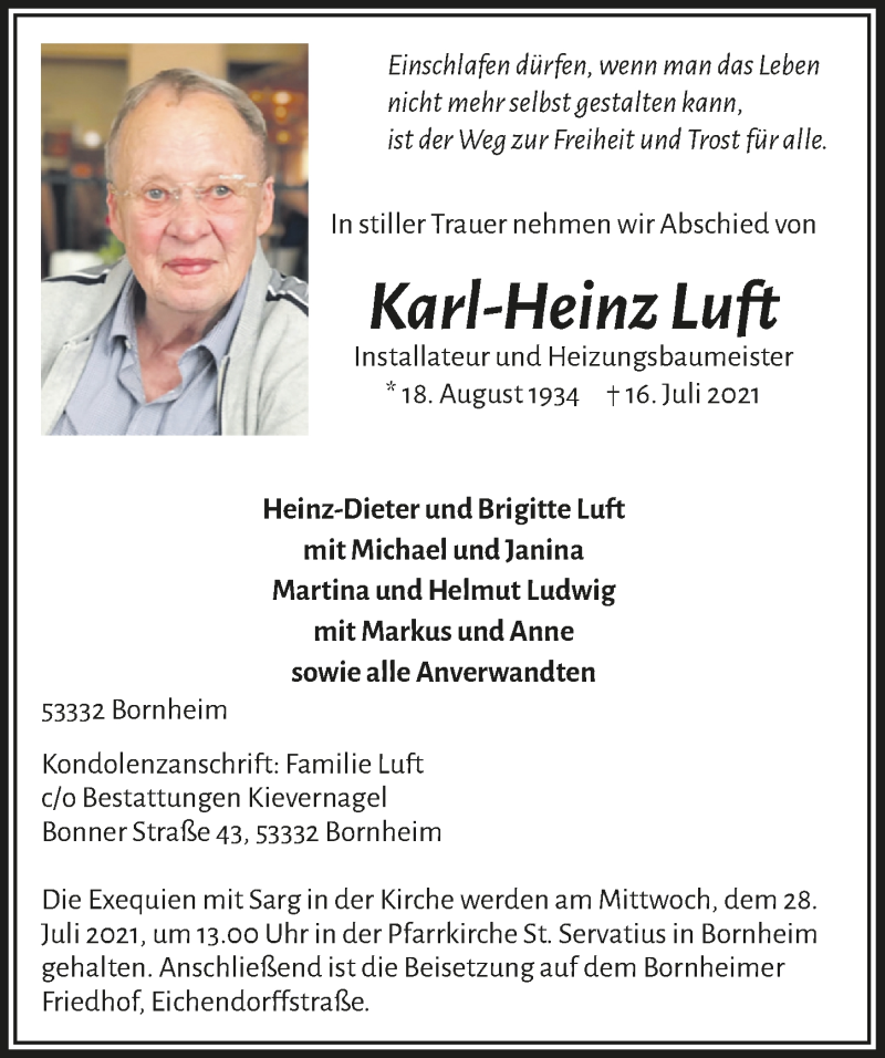  Traueranzeige für Karl-Heinz Luft vom 23.07.2021 aus  Schaufenster/Blickpunkt 