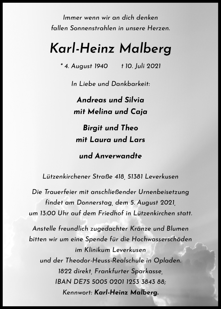  Traueranzeige für Karl-Heinz Malberg vom 31.07.2021 aus Kölner Stadt-Anzeiger / Kölnische Rundschau / Express