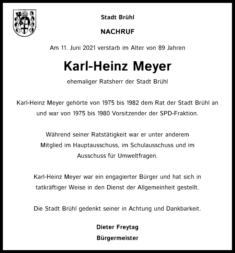  Traueranzeige für Karl-Heinz Meyer vom 10.07.2021 aus Kölner Stadt-Anzeiger / Kölnische Rundschau / Express