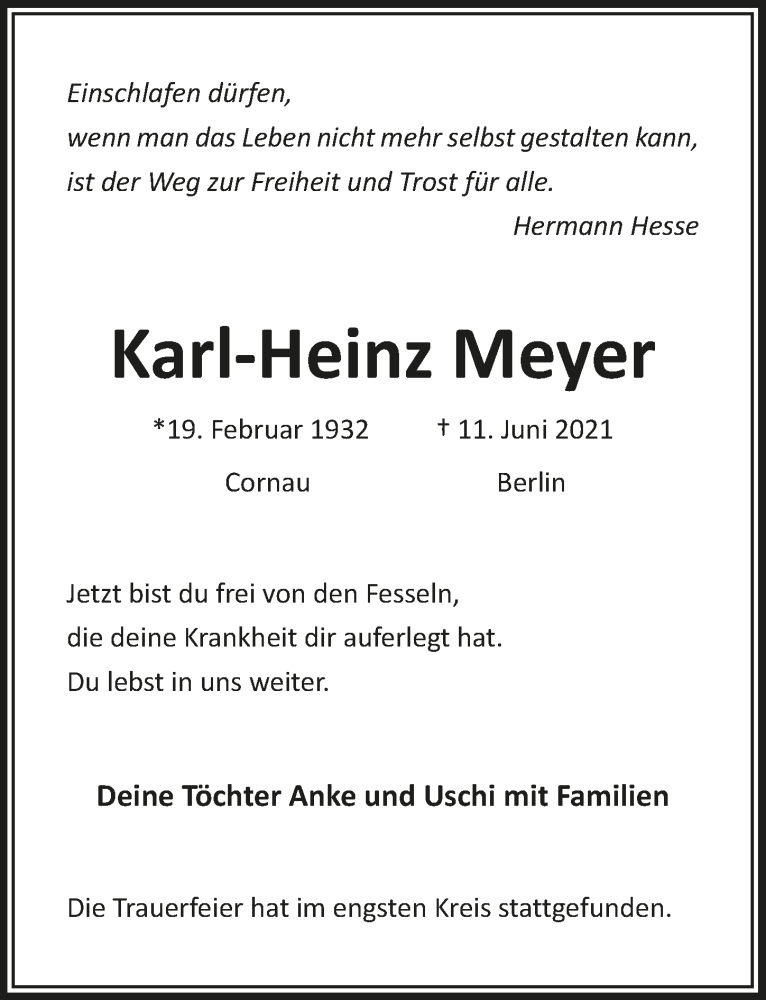  Traueranzeige für Karl-Heinz Meyer vom 02.07.2021 aus  Schlossbote/Werbekurier 