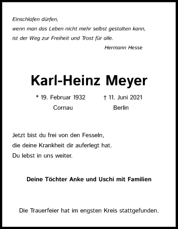 Anzeige von Karl-Heinz Meyer von Kölner Stadt-Anzeiger / Kölnische Rundschau / Express
