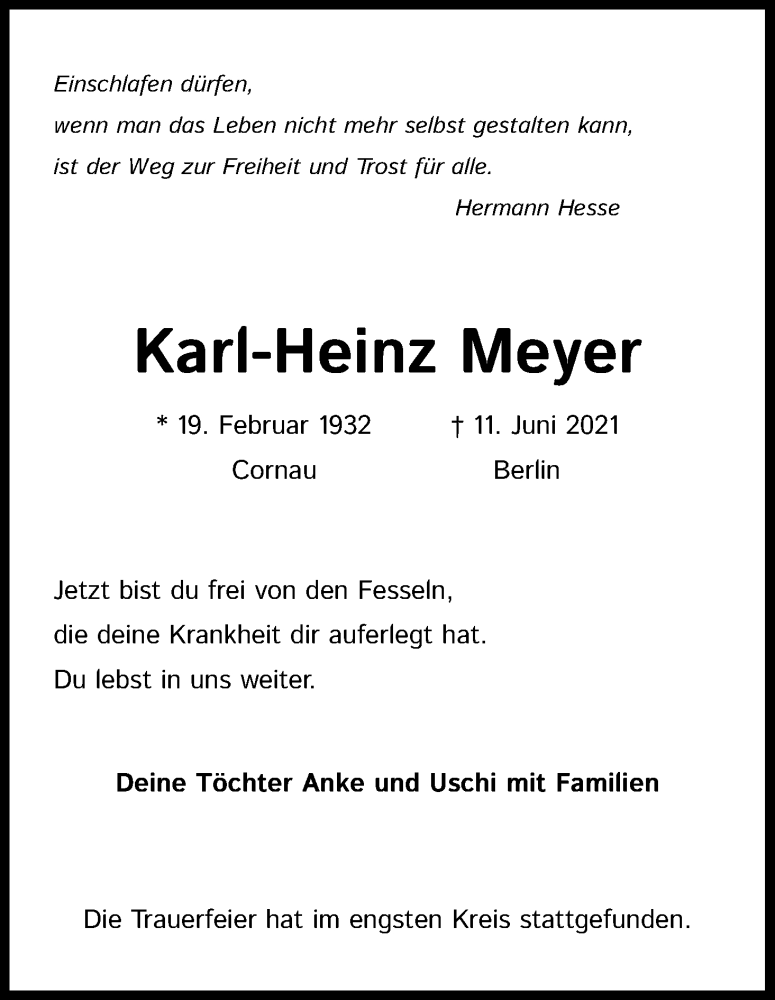  Traueranzeige für Karl-Heinz Meyer vom 03.07.2021 aus Kölner Stadt-Anzeiger / Kölnische Rundschau / Express