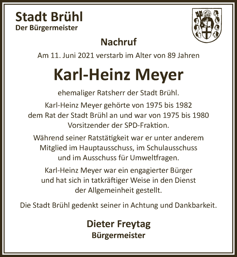  Traueranzeige für Karl-Heinz Meyer vom 09.07.2021 aus  Schlossbote/Werbekurier 