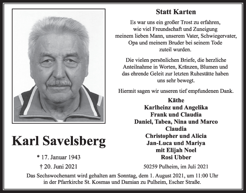  Traueranzeige für Karl Savelsberg vom 23.07.2021 aus  Wochenende 