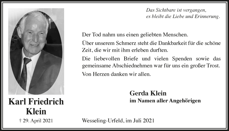 Traueranzeige für Karl Friedrich Klein vom 09.07.2021 aus  Schlossbote/Werbekurier 