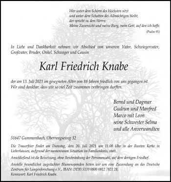 Anzeige von Karl Friedrich Knabe von Kölner Stadt-Anzeiger / Kölnische Rundschau / Express