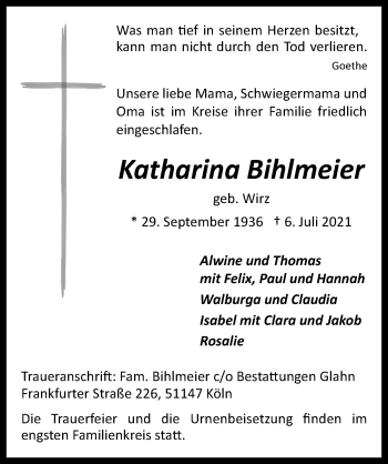 Anzeige von Katharina Bihlmeier von  Kölner Wochenspiegel 