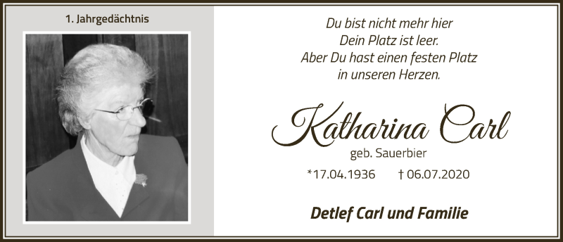  Traueranzeige für Katharina Carl vom 10.07.2021 aus  Blickpunkt Euskirchen 