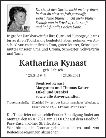 Anzeige von Katharina Kynast von  Kölner Wochenspiegel 