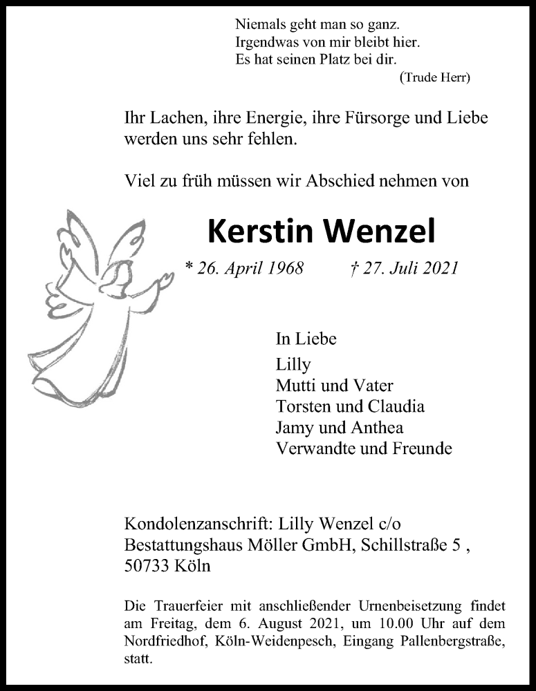  Traueranzeige für Kerstin Wenzel vom 31.07.2021 aus Kölner Stadt-Anzeiger / Kölnische Rundschau / Express