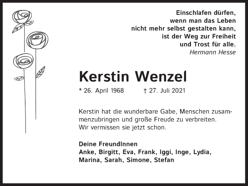  Traueranzeige für Kerstin Wenzel vom 31.07.2021 aus Kölner Stadt-Anzeiger / Kölnische Rundschau / Express