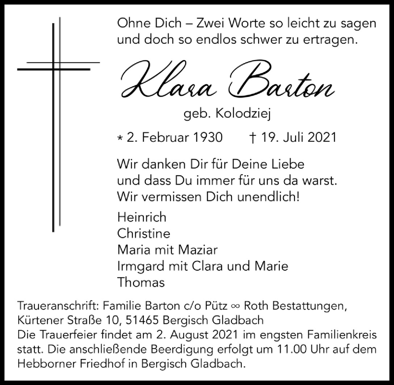  Traueranzeige für Klara Barton vom 30.07.2021 aus  Bergisches Handelsblatt 