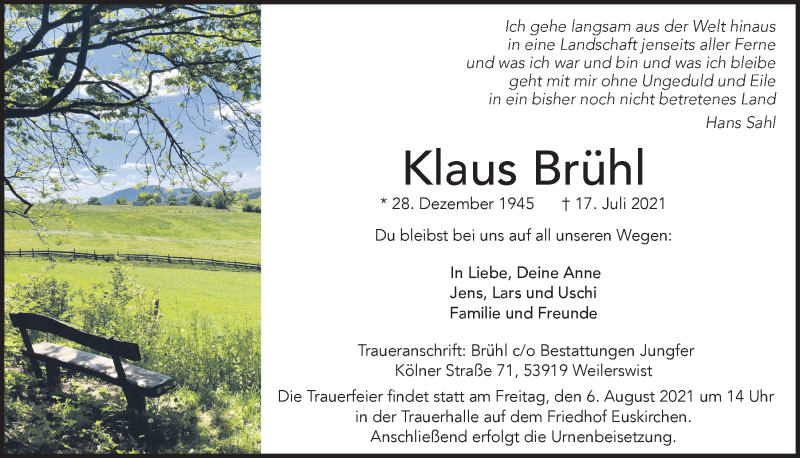 Traueranzeige für Klaus Brühl vom 31.07.2021 aus  Blickpunkt Euskirchen 