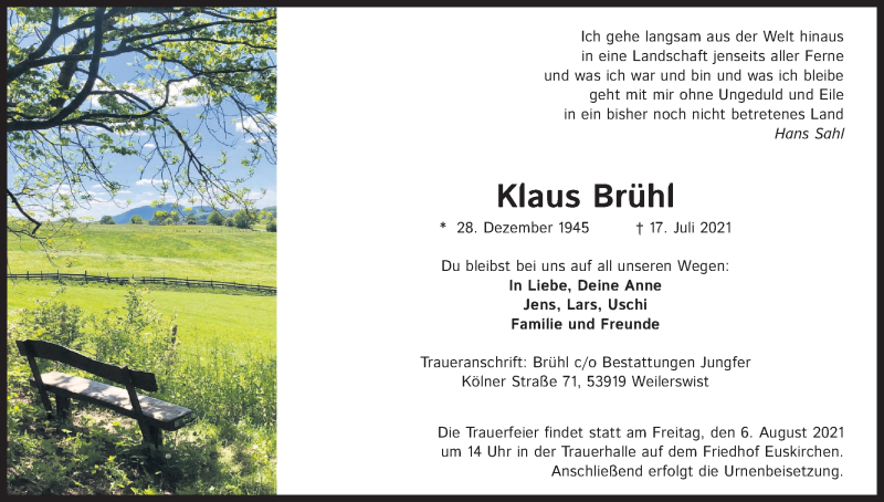  Traueranzeige für Klaus Brühl vom 31.07.2021 aus Kölner Stadt-Anzeiger / Kölnische Rundschau / Express