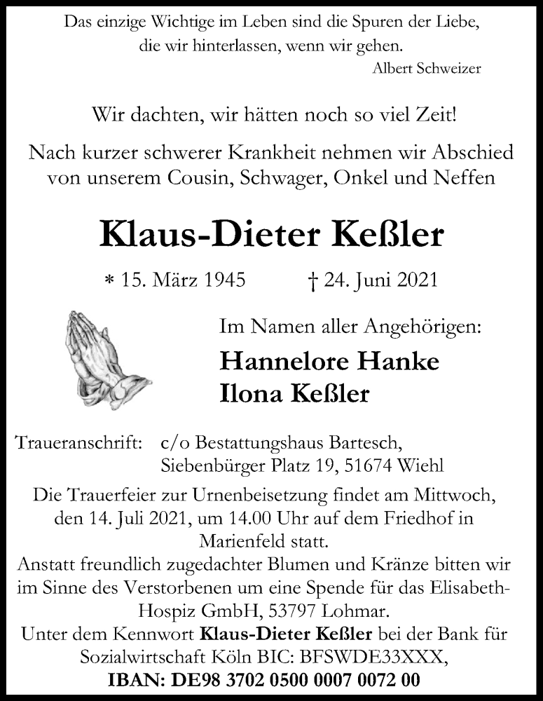  Traueranzeige für Klaus-Dieter Keßler vom 10.07.2021 aus Kölner Stadt-Anzeiger / Kölnische Rundschau / Express