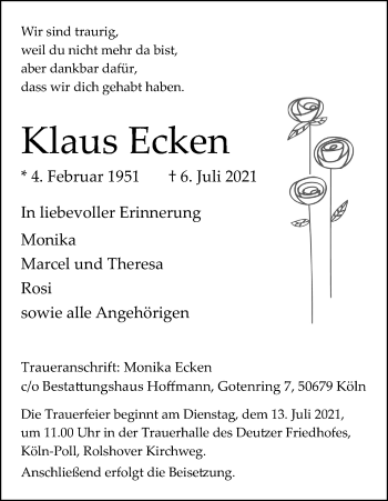 Anzeige von Klaus Ecken von Kölner Stadt-Anzeiger / Kölnische Rundschau / Express
