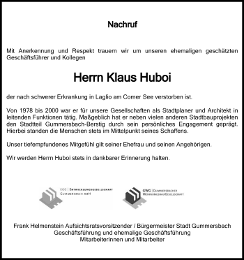 Anzeige von Klaus Huboi von Kölner Stadt-Anzeiger / Kölnische Rundschau / Express