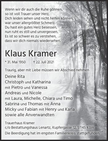 Anzeige von Klaus Kramer von  Kölner Wochenspiegel 