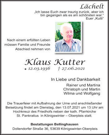 Anzeige von Klaus Kutter von Kölner Stadt-Anzeiger / Kölnische Rundschau / Express