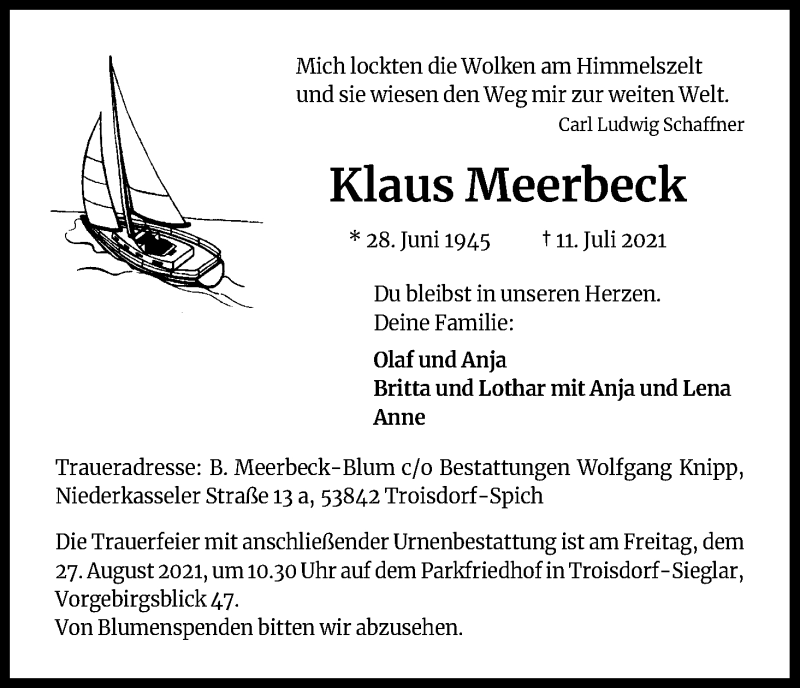  Traueranzeige für Klaus Meerbeck vom 31.07.2021 aus Kölner Stadt-Anzeiger / Kölnische Rundschau / Express