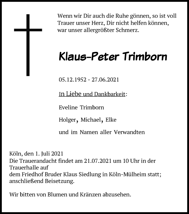  Traueranzeige für Klaus-Peter Trimborn vom 03.07.2021 aus Kölner Stadt-Anzeiger / Kölnische Rundschau / Express