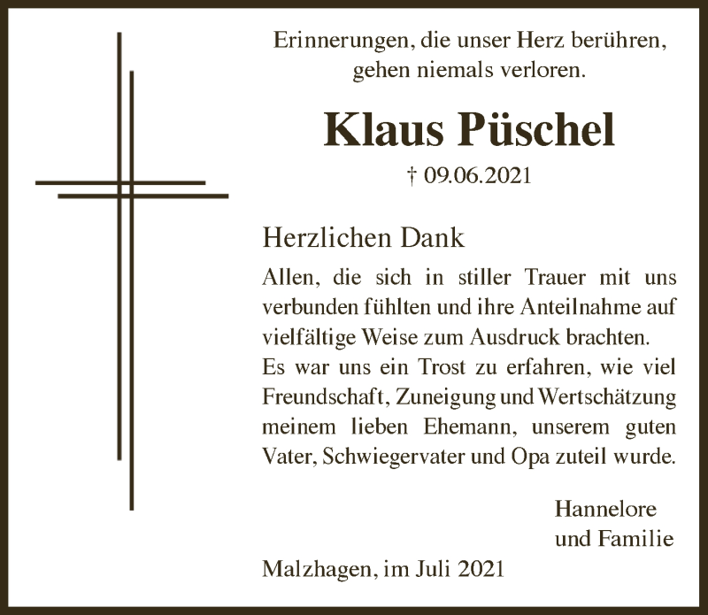  Traueranzeige für Klaus Püschel vom 23.07.2021 aus  Lokalanzeiger 