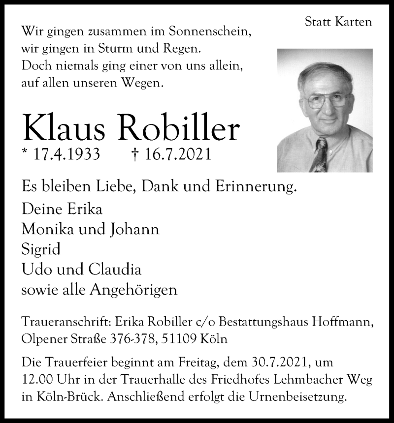  Traueranzeige für Klaus Robiller vom 24.07.2021 aus Kölner Stadt-Anzeiger / Kölnische Rundschau / Express