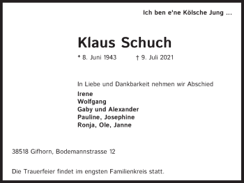 Anzeige von Klaus Schuch von Kölner Stadt-Anzeiger / Kölnische Rundschau / Express